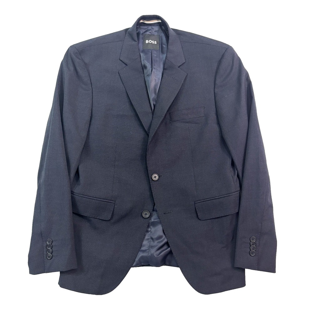 Hugo BOSS 38S Navy Blue Micro Check‎ Blazer Jacket Sport Suit Coat Stretch Wool